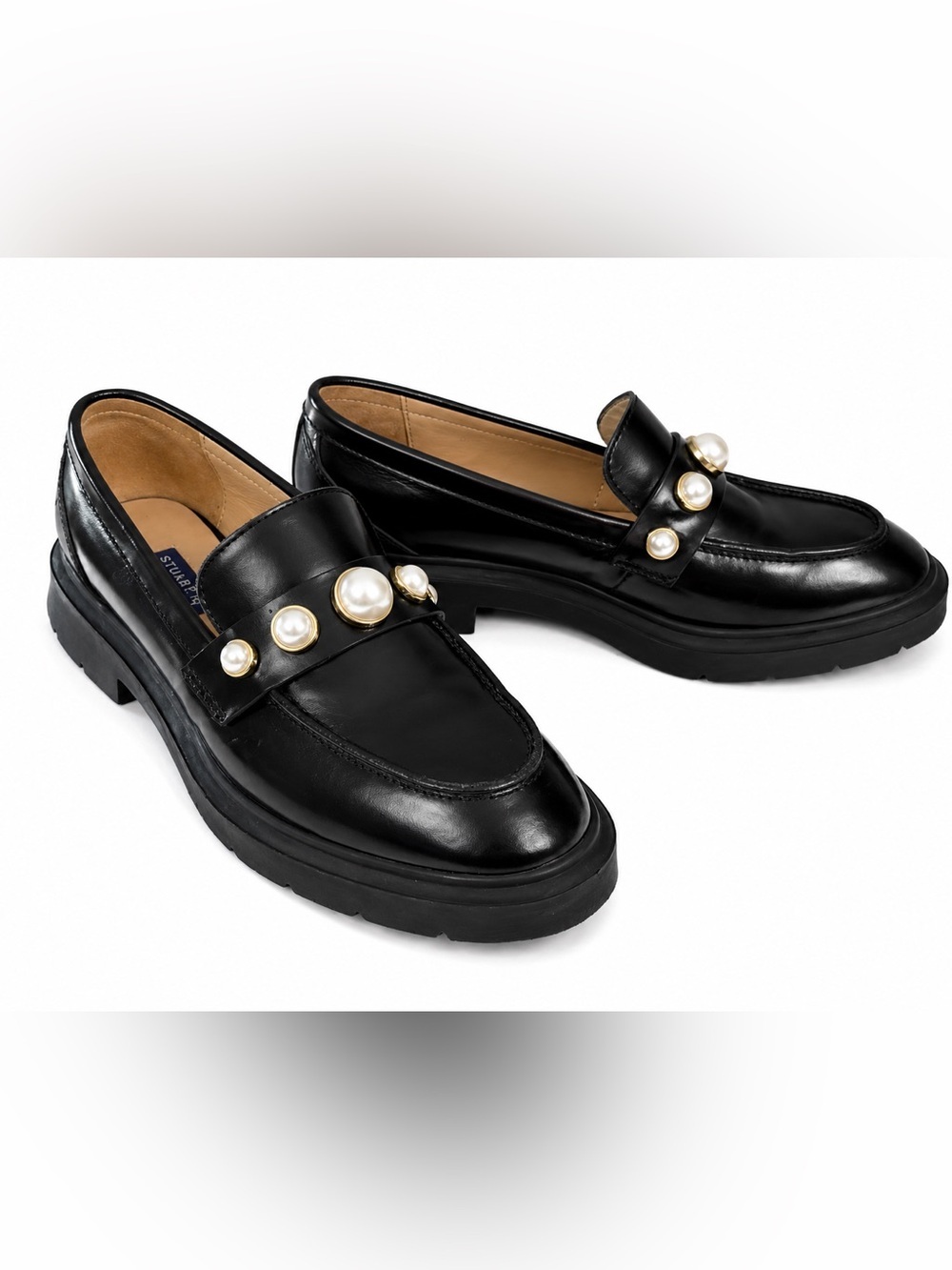 Stuart Weitzman Black Pearl-Embellished Leather Loafers 37 (6.5)